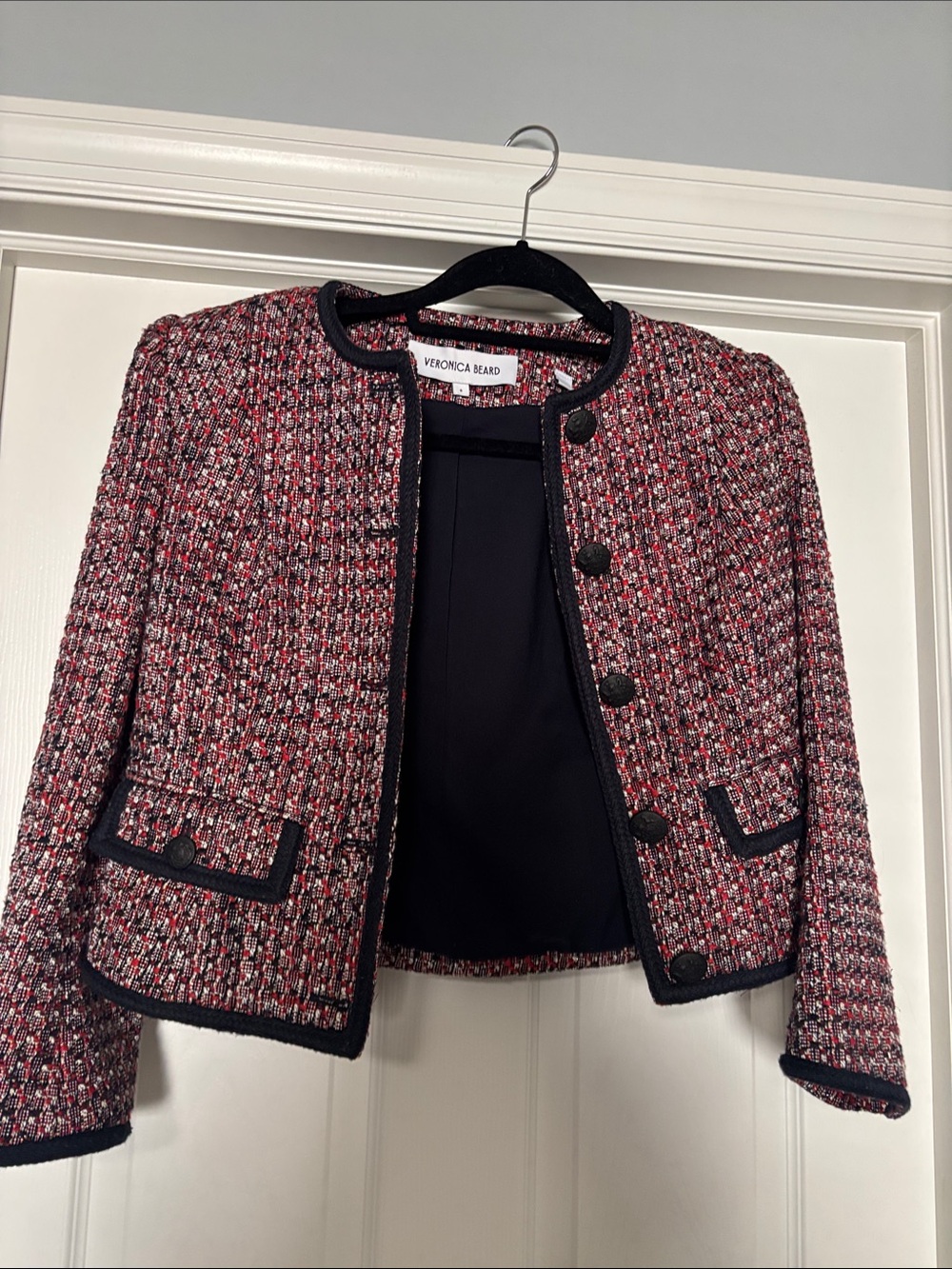 Veronica Beard Red and Black Tweed Cropped Blazer